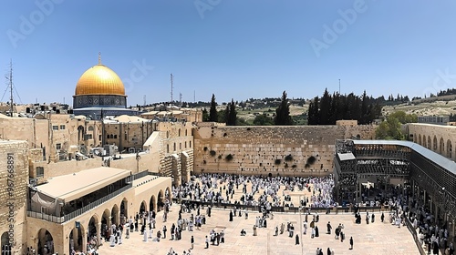 Vibrant scene at the Western Wall, featuring a golden dome and large gathering of visitors.