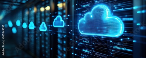 Futuristic data center with cloud computing technology and glowing elements, symbolizing digital transformation and connectivity.