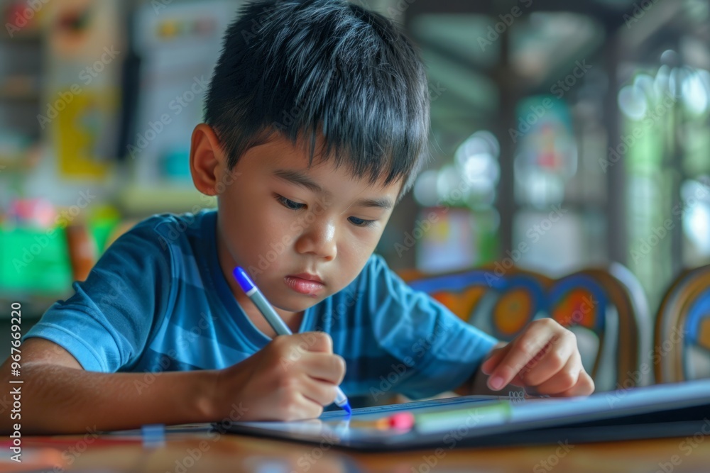 Boy doing math homework with a touch pen on his tablet Boy doing math homework with a touch pen on his tablet
