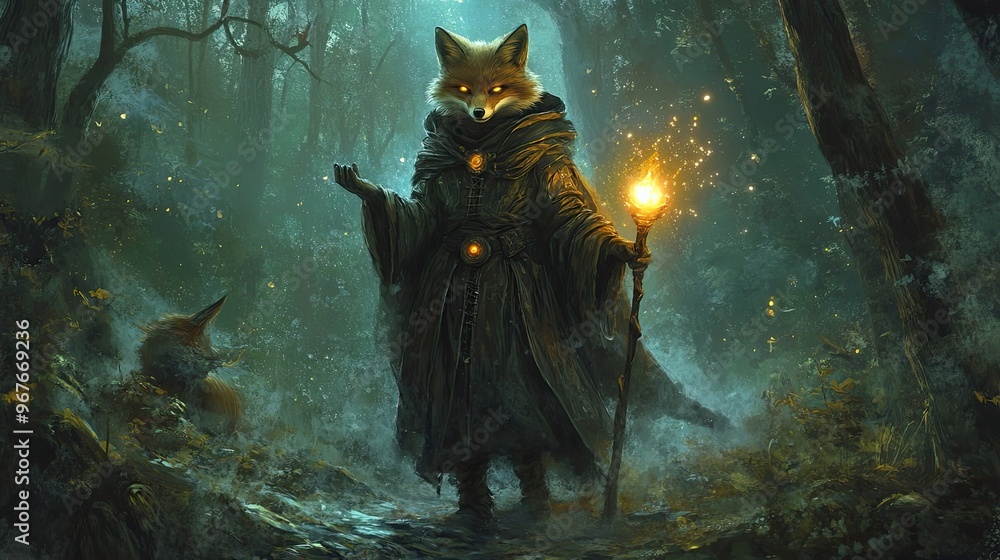 Obraz premium A Fox Wizard With Glowing Eyes Holds a Torch in a Forest