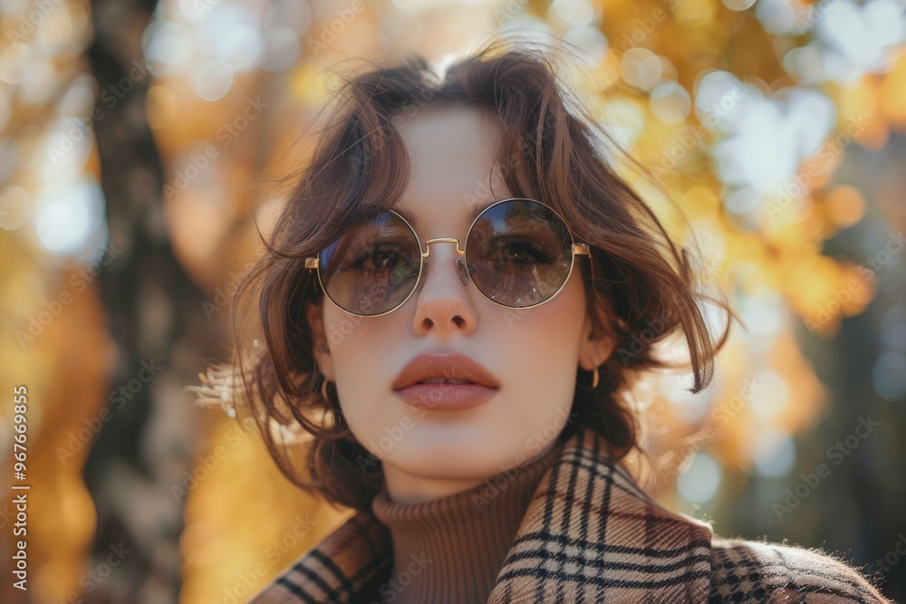 Stylish woman in sunglasses enjoying an autumn day in the park. Stylish woman in sunglasses enjoying an autumn day in the park.