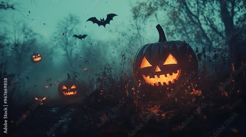 Fototapeta premium Spooky Halloween scene glowing pumpkins bats eerie moonlight wallpaper