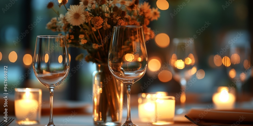 A table set , elegance , dinner arrangement. Sleek wine glasses and a vase of fresh flowers provide a focal point, candles , intimate atmosphere. 