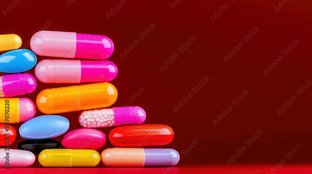 Colorful Pills on Red Background Colorful Pills on Red Background