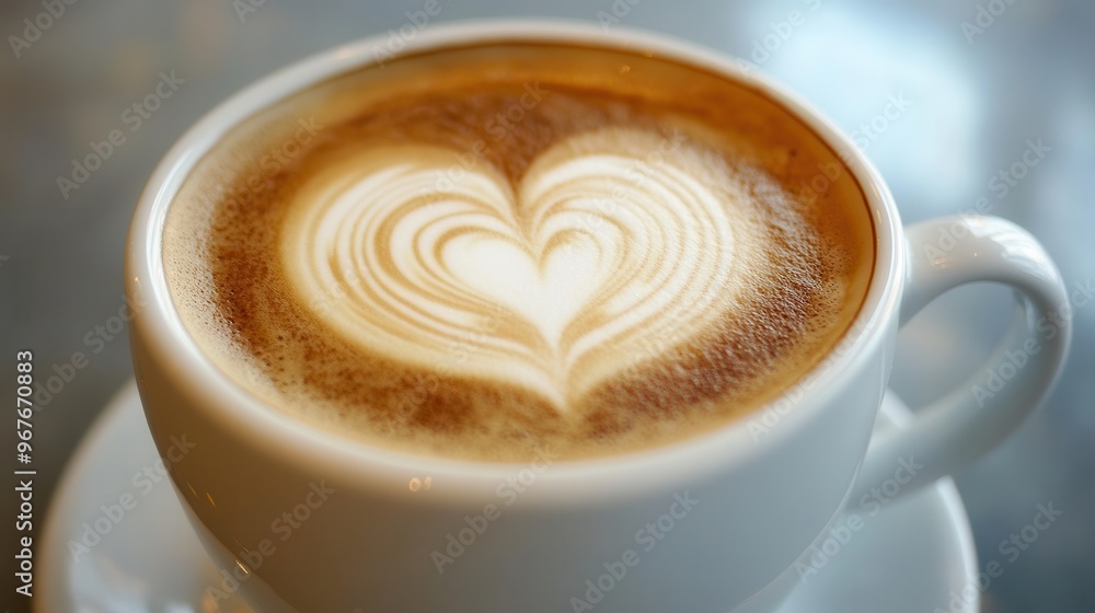 A close-up view of a latte with a heart-shaped foam design in a white cup, perfect for coffee lovers and cafe aesthetics. A close-up view of a latte with a heart-shaped foam design in a white cup, perfect for coffee lovers and cafe aesthetics.