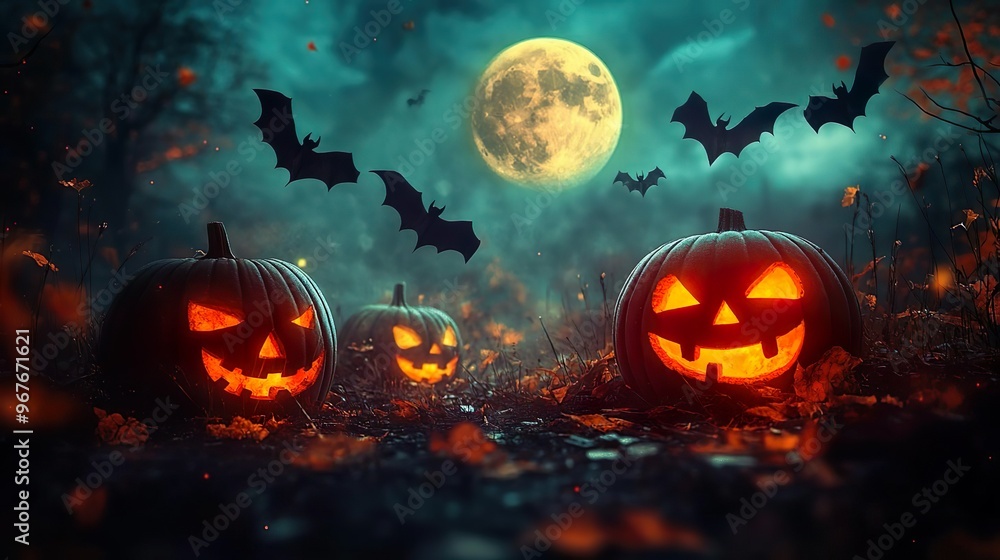 Dark Halloween night with glowing jack lanterns bats spooky moon wallpaper Dark Halloween night with glowing jack lanterns bats spooky moon wallpaper