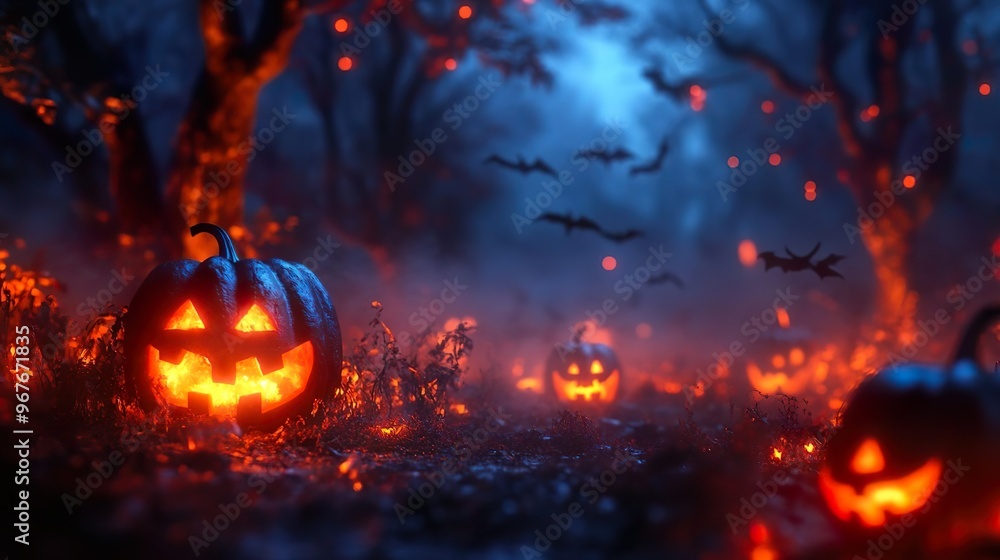 Haunted Halloween background featuring lanterns bats full moon wallpaper Haunted Halloween background featuring lanterns bats full moon wallpaper