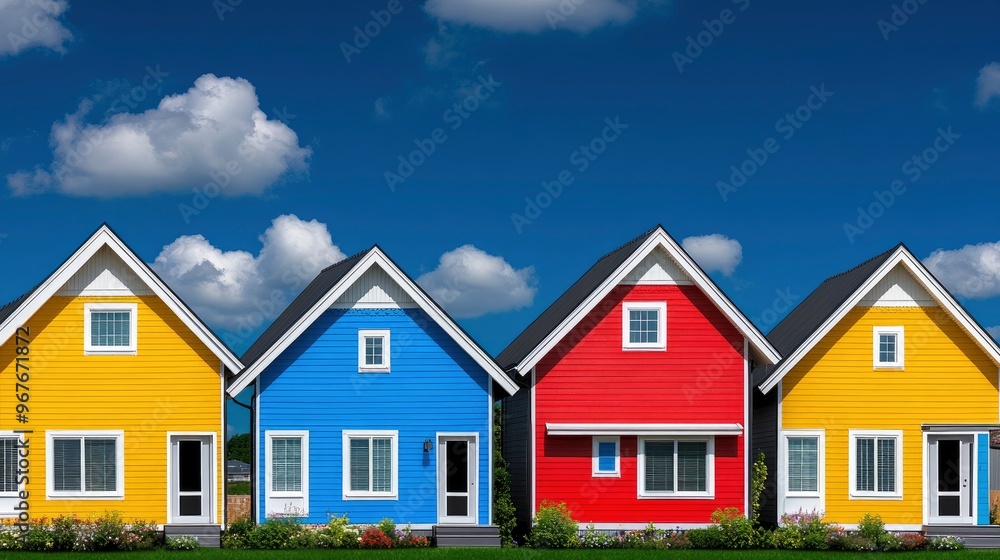 Colorful Row of Houses with Blue Sky and Clouds Colorful Row of Houses with Blue Sky and Clouds