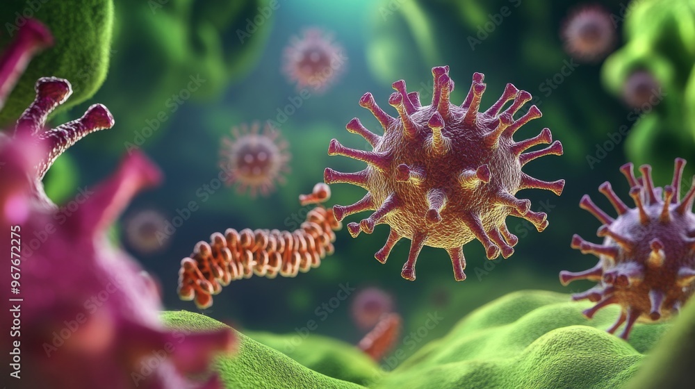 Detailed view of viral particles interacting with green cellular structures in a microscopic environment showcasing biological activity Detailed view of viral particles interacting with green cellular structures in a microscopic environment showcasing biological activity