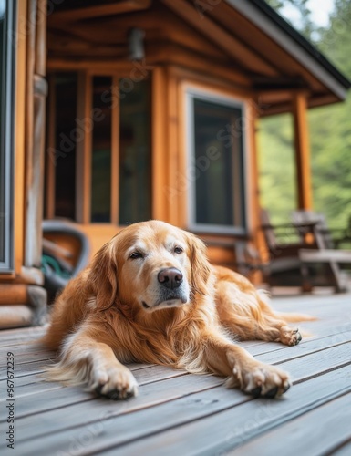 a golden retriever laying on deck in front of a cabin