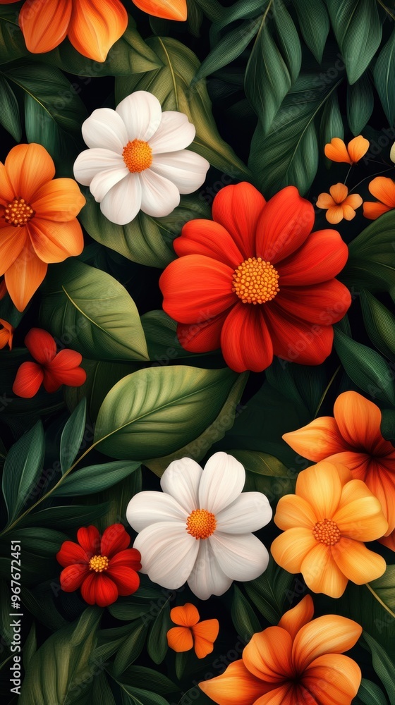 Vibrant floral pattern featuring orange, white, and red flowers amidst lush green leaves, perfect for backgrounds and designs. Vibrant floral pattern featuring orange, white, and red flowers amidst lush green leaves, perfect for backgrounds and designs.