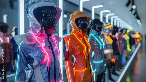 Colorful futuristic mannequins display vibrant outfits illuminated by neon lights in a modern fashion showroom. photo