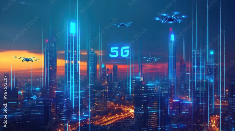 .A futuristic cityscape illuminated by the power of 5G .A futuristic cityscape illuminated by the power of 5G