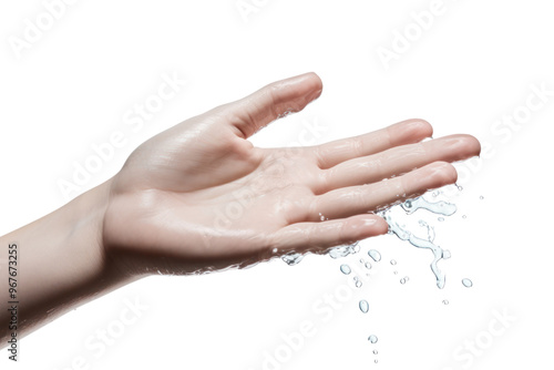 Hand extended under a gentle water flow, , isolated on white background