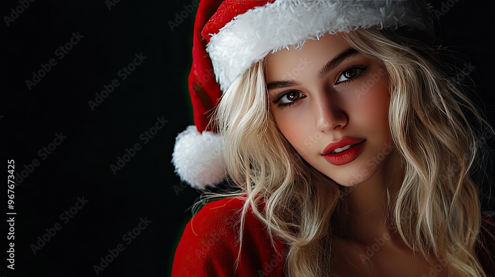 Elegant blonde woman in a red and white Santa costume, with a black background, celebrating Christmas with holiday cheer. Elegant blonde woman in a red and white Santa costume, with a black background, celebrating Christmas with holiday cheer.