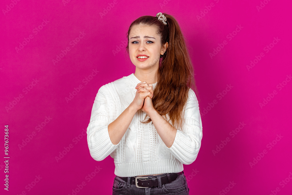 Fototapeta premium Moved and Delighted girl. Portrait of a Woman Overwhelmed with Emotion. Illustrates Deep Sentiment and Tender Moments. Perfect for Conveying Feelings of Warmth, Affection and Heartfelt Emotions