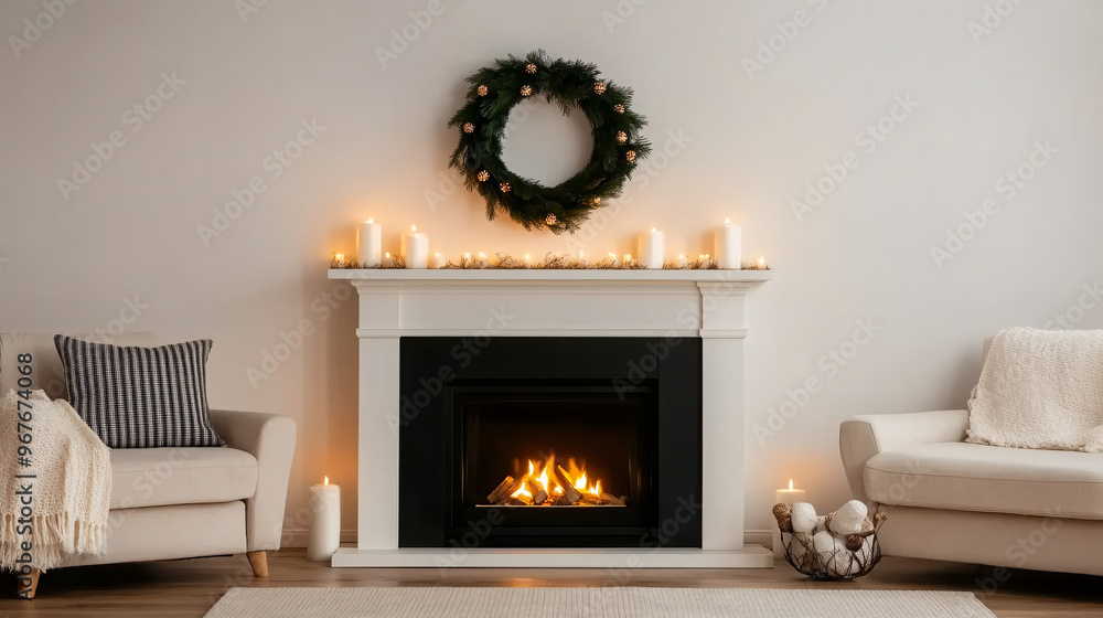 Elegant living room featuring a cozy fireplace adorned with candles and a festive wreath, perfect for winter ambiance. Elegant living room featuring a cozy fireplace adorned with candles and a festive wreath, perfect for winter ambiance.
