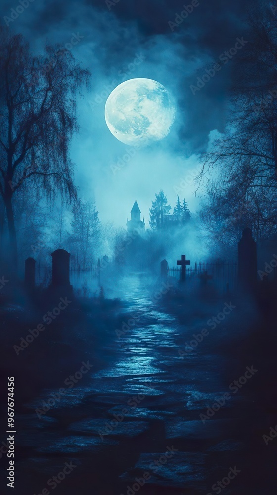 Fototapeta premium Mystical Halloween scene eerie pumpkins bats glowing moon wallpaper