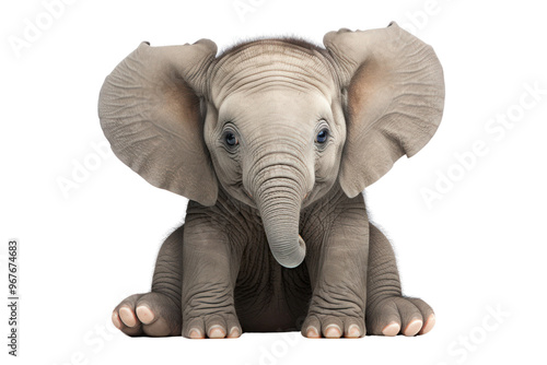 Elephant calf resting on its front legs, looking up isolated on white background photo