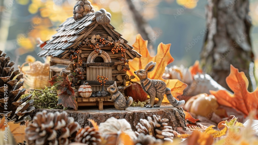 Obraz premium Miniature Wooden Cabin with Autumn Decor and Woodland Critters