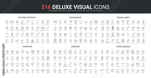 Sugar and candy products, restaurant menu for celebration and chefs cooking utensils line icon set. Hotel room service, shopping in store mobile app thin black outline symbols vector illustration