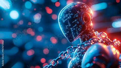 A robot with gears and circuits wrapped tightly in chains marked with legal symbols, representing the limitations imposed by intellectual property laws selective focus, legal restriction theme, surrea photo