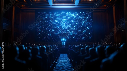 In a grand courtroom, a robot stands in the center with glowing chains linking it to lawyers, judges, and defendants, highlighting the interconnectedness of justice