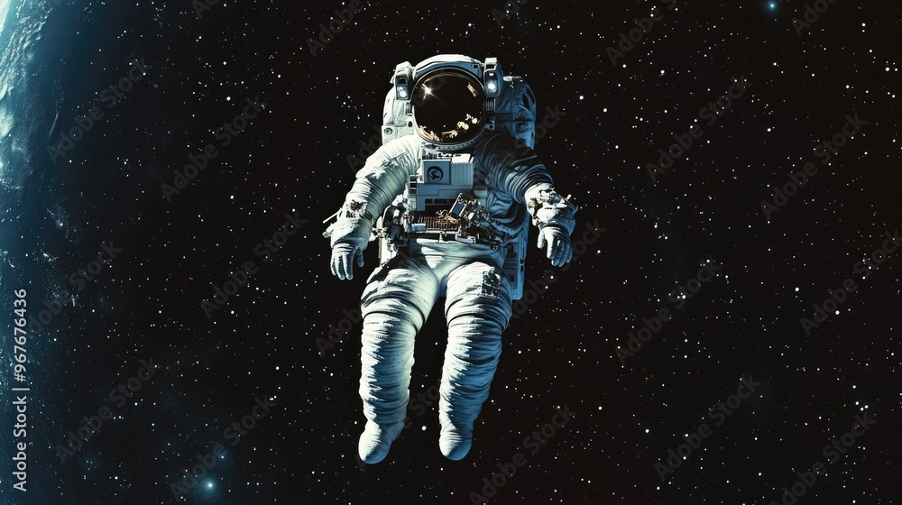 Astronaut floating in the black void of space with Earth visible in the background. Astronaut floating in the black void of space with Earth visible in the background.