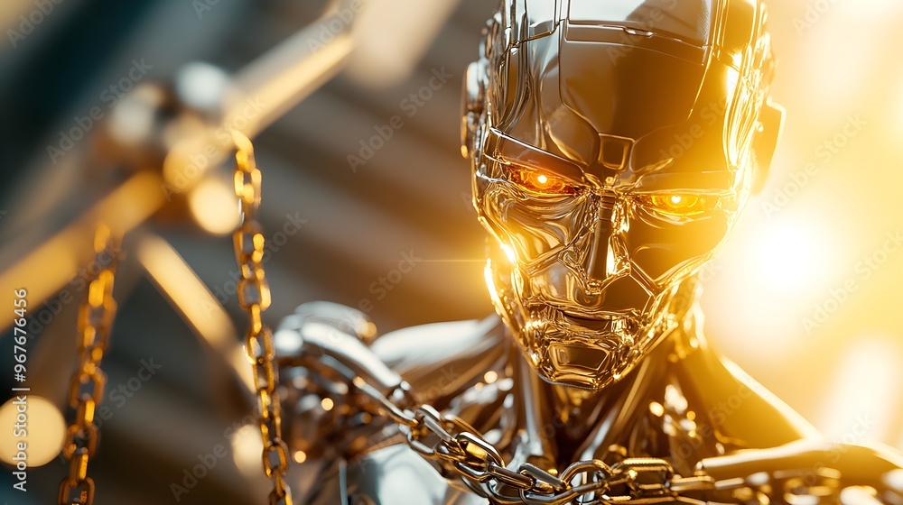 A robot bound by chains linked to a legal scale, struggling to stay upright under the crushing weight of laws close up, legal struggle, vibrant, Manipulation, courthouse steps backdrop A robot bound by chains linked to a legal scale, struggling to stay upright under the crushing weight of laws close up, legal struggle, vibrant, Manipulation, courthouse steps backdrop