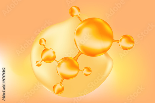 Gold, beige molecule glowing futuristic background for beauty treatment nutrition skincare backdrop. Collagen, peptide or hyaluronic acid structure with liquid bubble oil, serum formula.