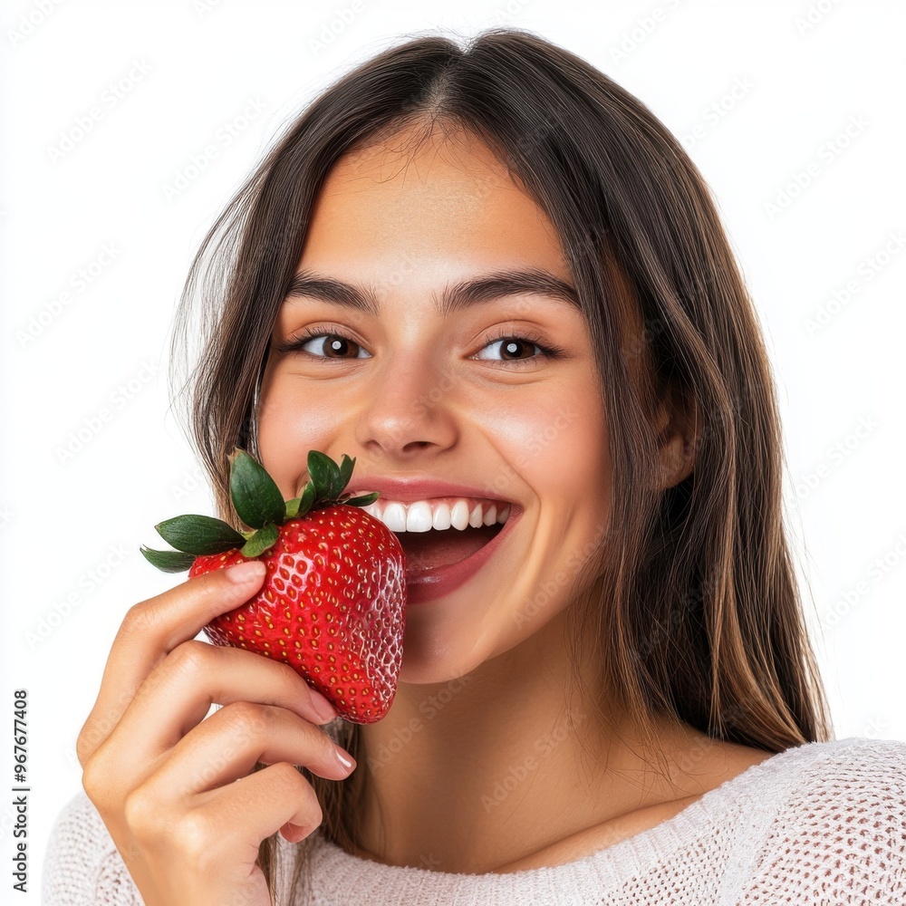 Beautiful woman with dark hair, smiling and eating a strawberry on a white background, wearing light Beautiful woman with dark hair, smiling and eating a strawberry on a white background, wearing light