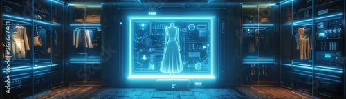Futuristic fashion showroom with glowing displays showcasing elegant dresses and high-tech garment features.
