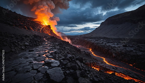 Lava Field Enigmas in Cloudy Summer: The Traveler's Pilgrimage Immersed in Landslide photo