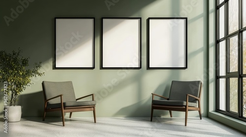 Minimalist living room with blank frames on green wall and modern armchairs