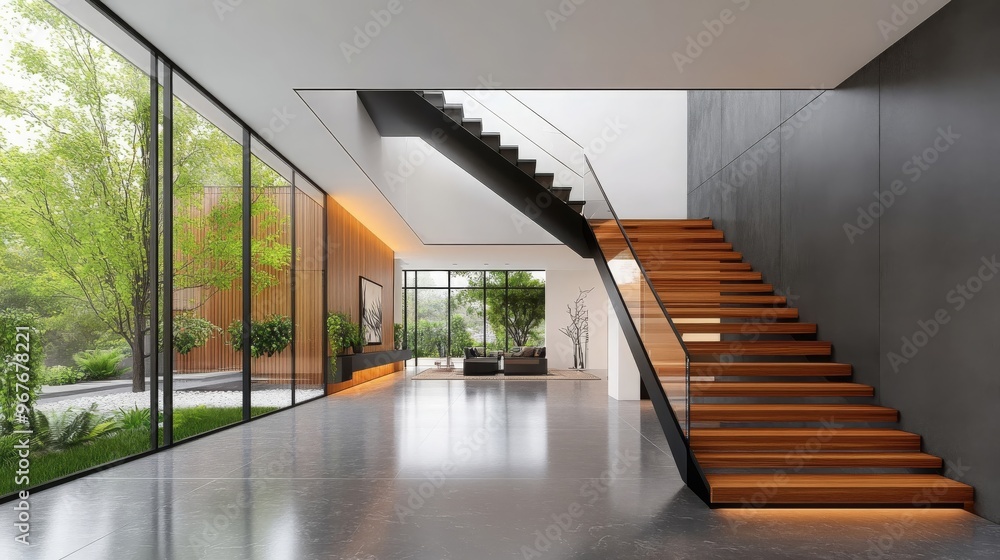 Modern Home Interior Design With Wooden Stairs And Large Windows Modern Home Interior Design With Wooden Stairs And Large Windows