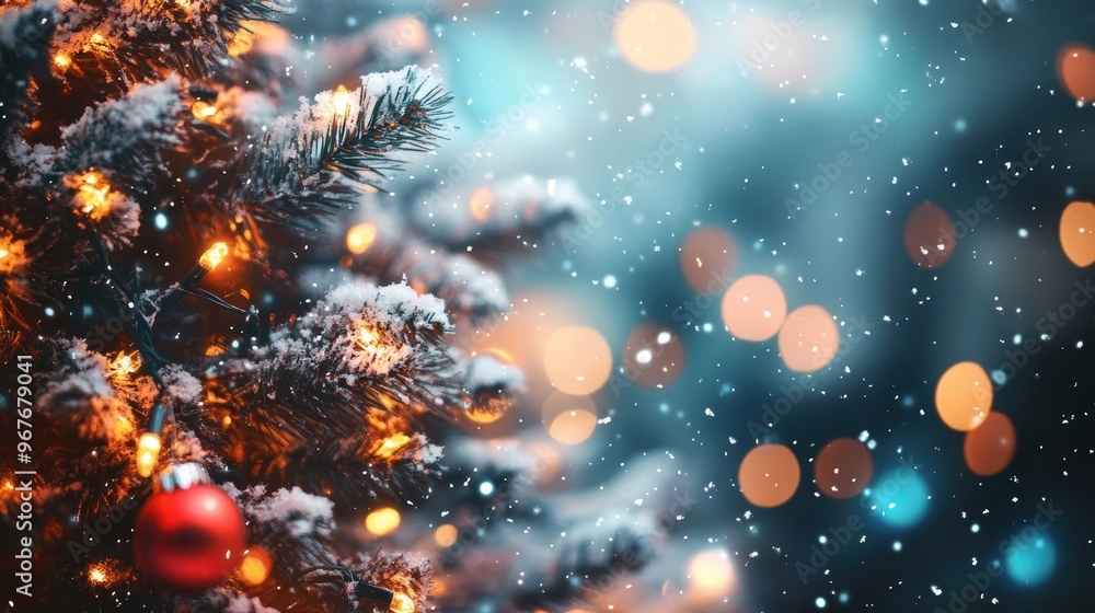 Festive christmas tree with lights and snowflakes in a winter wonderland setting Festive christmas tree with lights and snowflakes in a winter wonderland setting