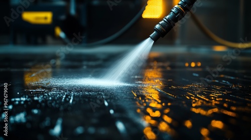 Industrial floor being cleaned by high-pressure washer, striking contrast between clean and dirty areas, photo-realistic, wide-angle shot, gritty textures, cinematic lighting