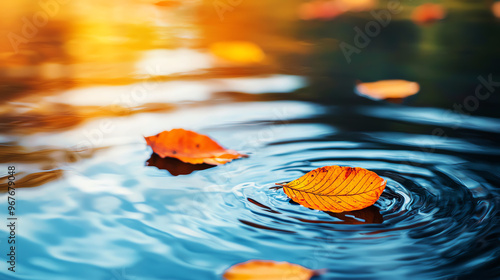 A serene image of orange leaves floating on water, reflecting sunlight and creating gentle ripples, perfect for nature lovers.