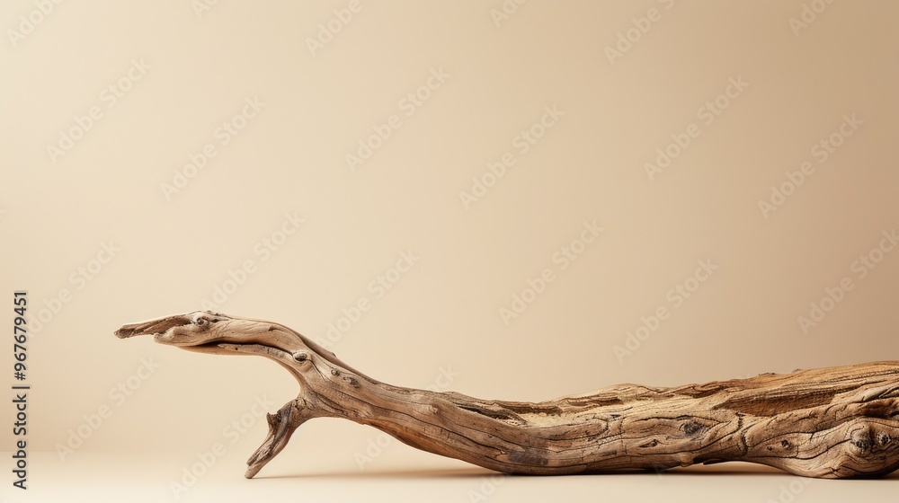 Dry wooden snag on beige background with product in foreground. Ample space for text. Dry wooden snag on beige background with product in foreground. Ample space for text.