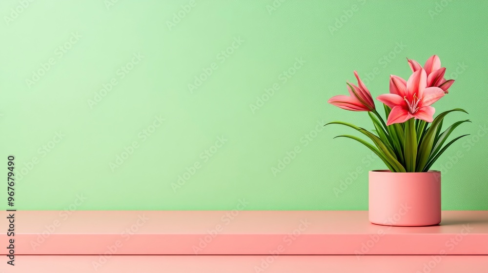 Pink Flowers in a Pot on a Pink Shelf Against a Green Wall Pink Flowers in a Pot on a Pink Shelf Against a Green Wall