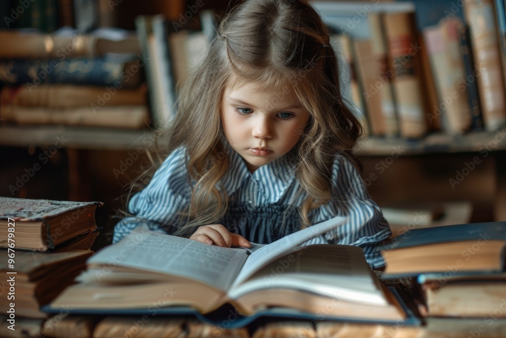 A little girl with braids and glasses, sitting in a cozy library surrounded by vintage books, focused on reading an open book on her lap. A little girl with braids and glasses, sitting in a cozy library surrounded by vintage books, focused on reading an open book on her lap.