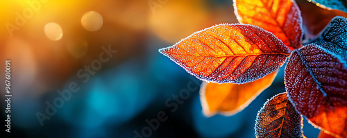 Vibrant autumn leaves glistening in sunlight, showcasing intricate details and rich colors against a blurred background. photo