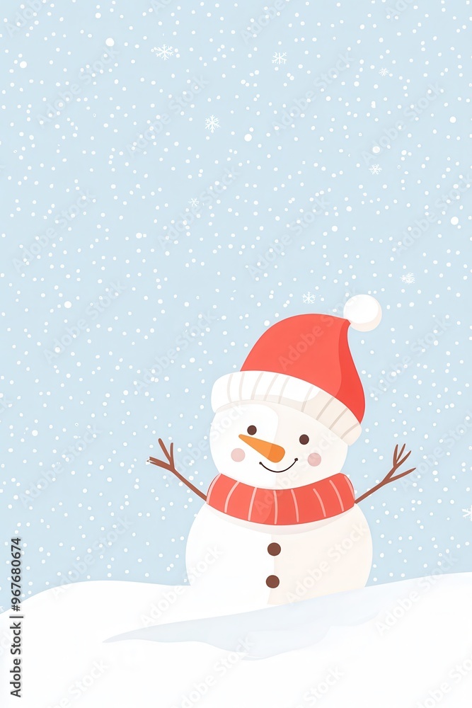 Fototapeta premium Cheerful snowman wearing a red hat and scarf, surrounded by falling snowflakes against a light blue background.