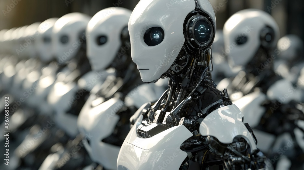 Fototapeta premium A line of white humanoid robots with black detailing, the robot closest to the viewer is looking at the camera.