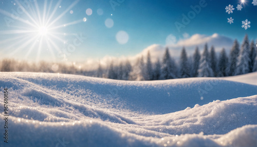 Wallpaper Mural Winter snow background with snowdrifts, with beautiful light and snow flakes on the blue sky, beautiful bokeh circles, banner format, copy space. Torontodigital.ca