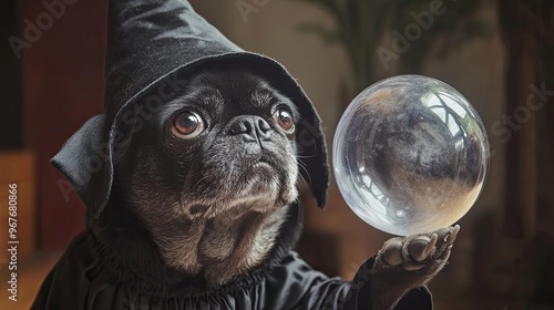 A Pug Dressed as a Wizard Gazes Into a Crystal Ball photo