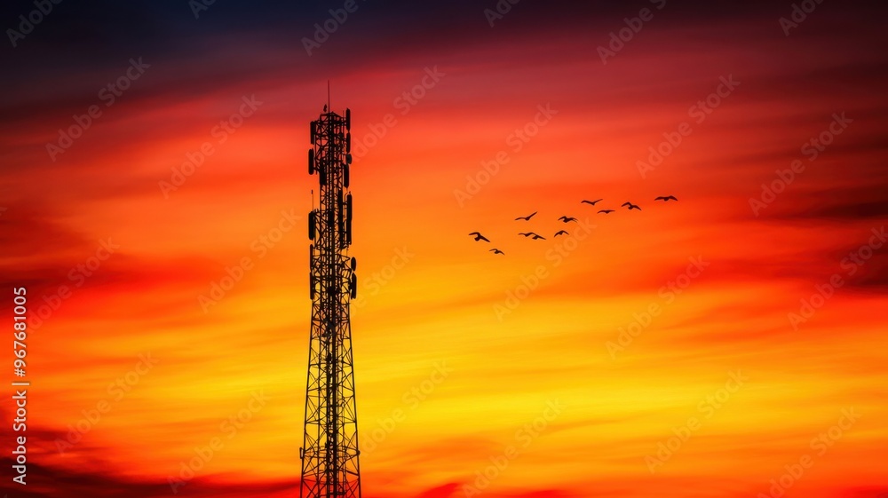 A stunning sunset silhouettes a telecommunications tower against a vibrant orange and purple sky, with birds flying in the background. A stunning sunset silhouettes a telecommunications tower against a vibrant orange and purple sky, with birds flying in the background.