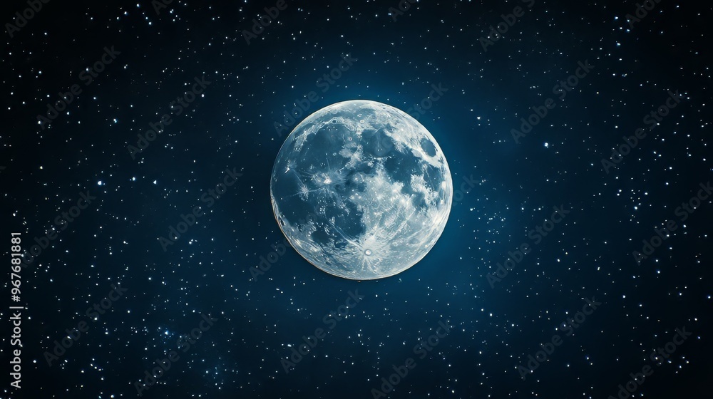 Obraz premium High resolution image of a full moon surrounded by twinkling stars against a dark blue sky. Perfect for designing a wall art piece for a bedroom or living room that feels calm and spacious.