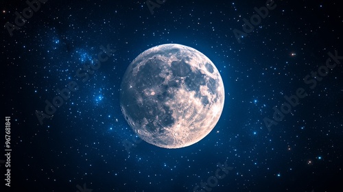 High resolution image of a full moon surrounded by twinkling stars against a dark blue sky. Perfect for designing a wall art piece for a bedroom or living room that feels calm and spacious.