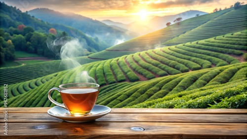 Cup of hot tea with sacking on the wooden table and the tea plantations background. generative AI